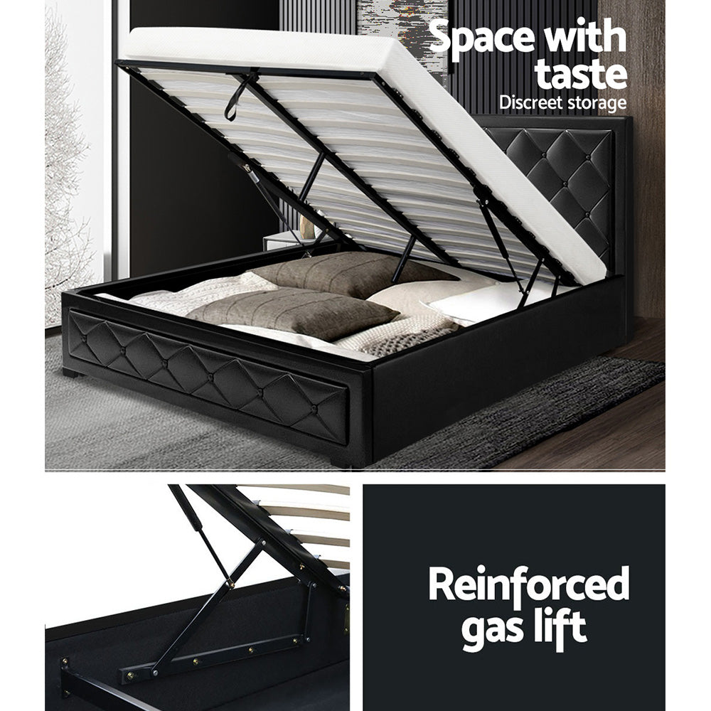 Artiss Bed Frame Double Size Gas Lift Base With Storage Black Leather Tiyo Collection Artiss
