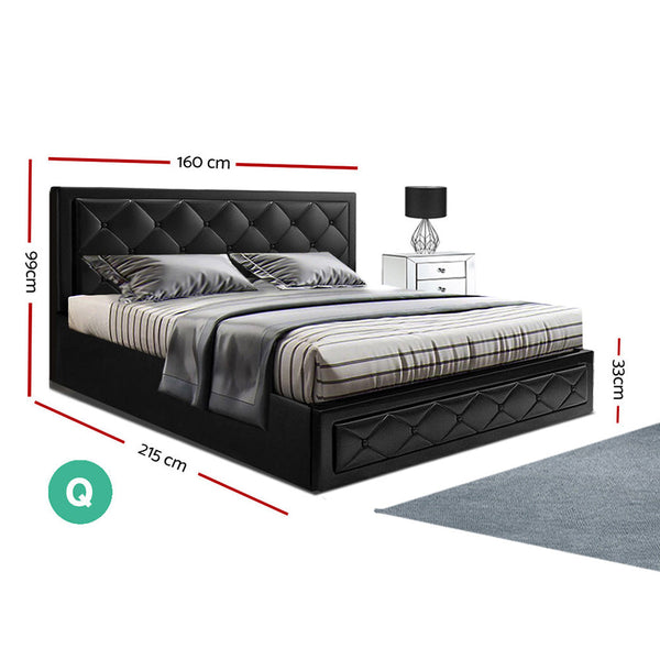 Artiss Tiyo Bed Frame PU Leather Gas Lift Storage - Black Queen Artiss