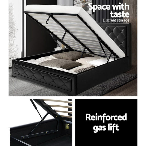Artiss Tiyo Bed Frame PU Leather Gas Lift Storage - Black Queen Artiss