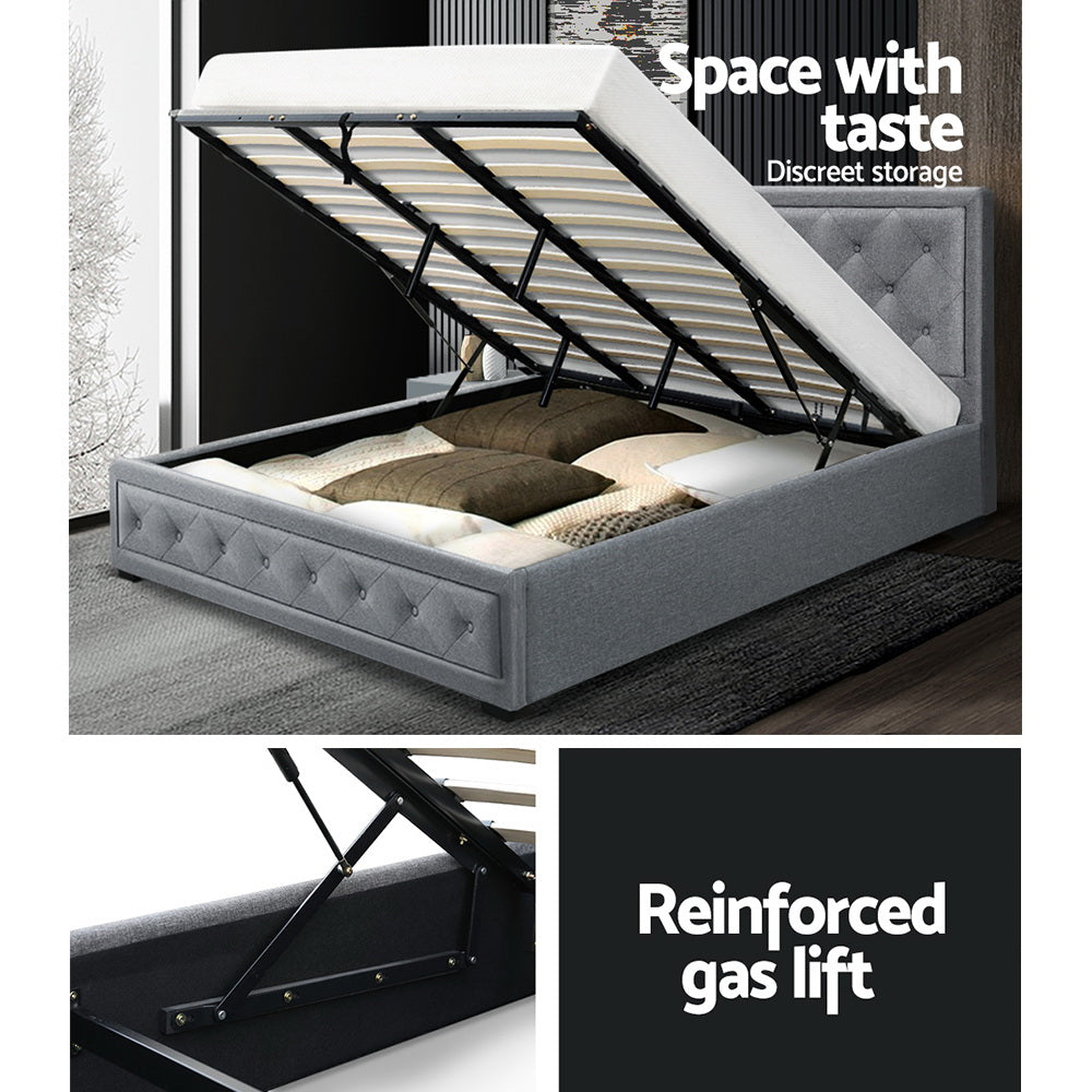 Artiss TIYO King Size Gas Lift Bed Frame Base With Storage Mattress Grey Fabric Artiss