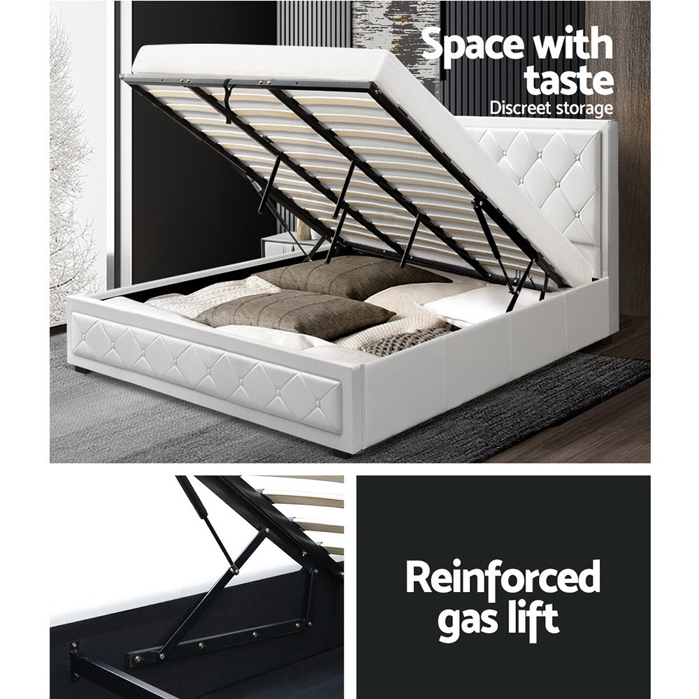 Artiss Bed Frame King Size Gas Lift Base With Storage White Leather Tiyo Collection Artiss