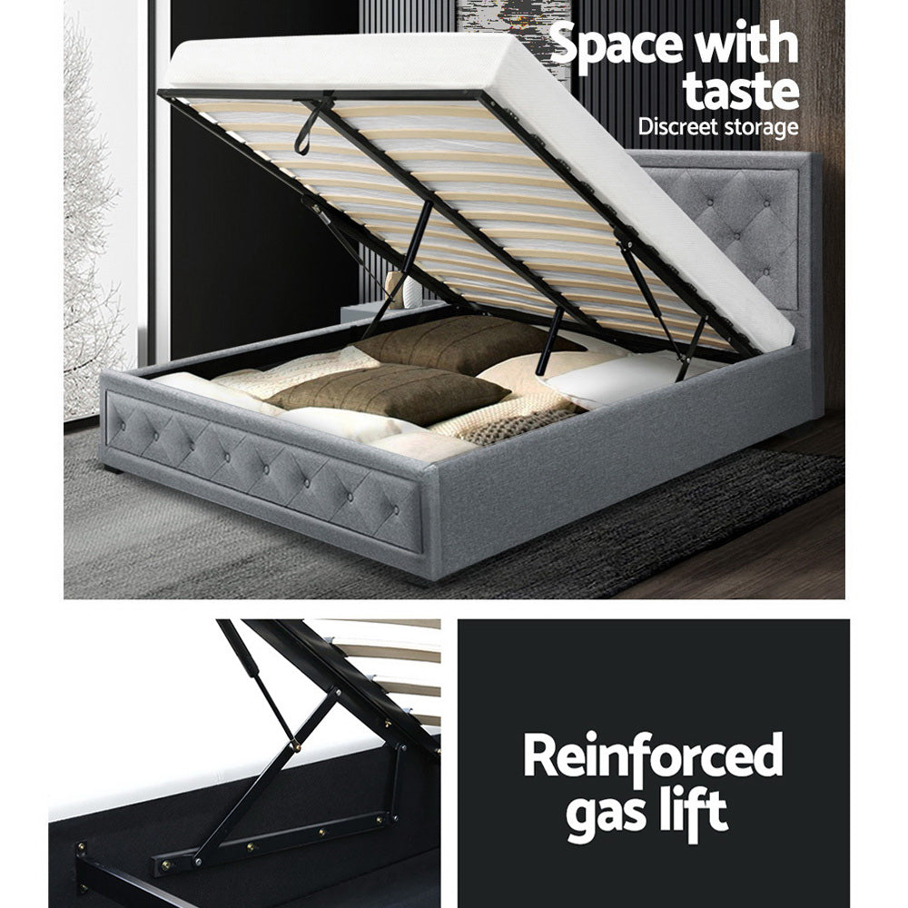 Artiss TIYO Queen Size Gas Lift Bed Frame Base With Storage Mattress Grey Fabric Artiss
