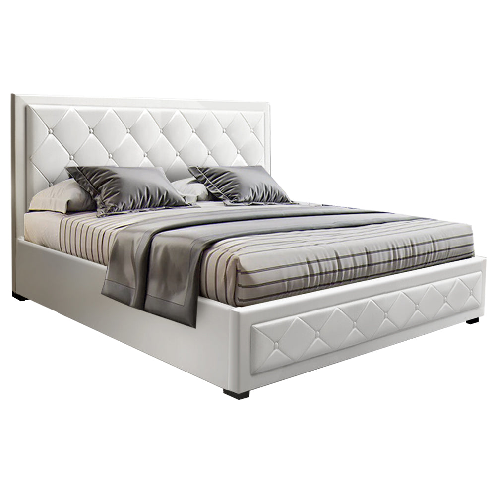 Artiss TIYO Queen Size Gas Lift Bed Frame Base With Storage Mattress White Leather Artiss