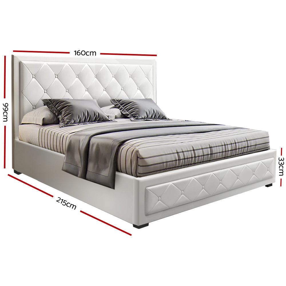 Artiss TIYO Queen Size Gas Lift Bed Frame Base With Storage Mattress White Leather Artiss