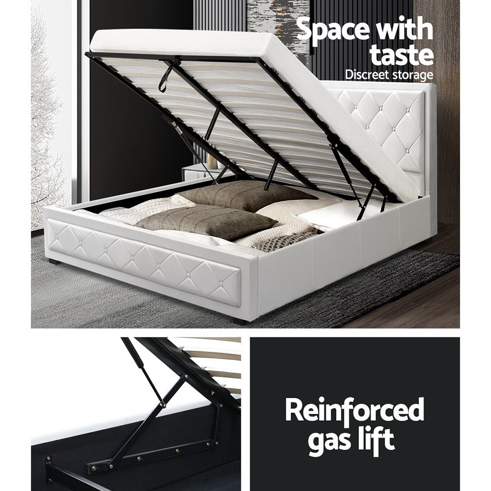 Artiss TIYO Queen Size Gas Lift Bed Frame Base With Storage Mattress White Leather Artiss