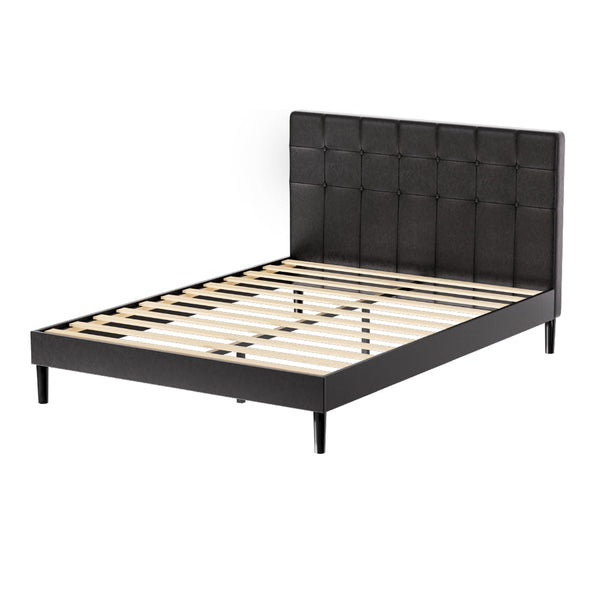 Artiss Bed Frame Double Bed Base w LED Lights Charge Ports Black Leather RAVI Artiss