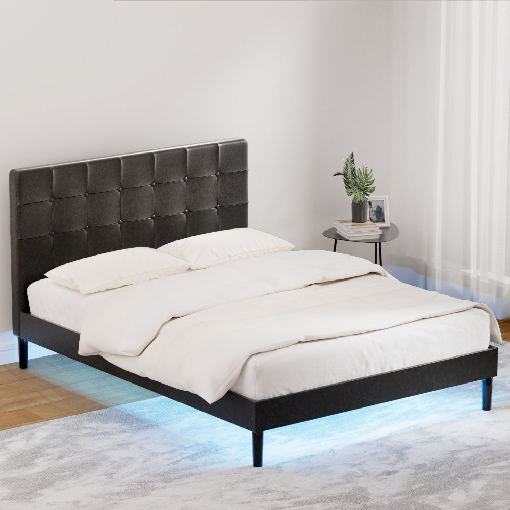 Artiss Bed Frame Double Bed Base w LED Lights Charge Ports Black Leather RAVI Artiss