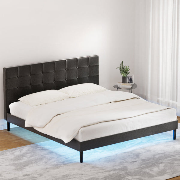 Artiss Bed Frame King Bed Base w RGB LED Lights Charge Ports Black Leather RAVI Artiss