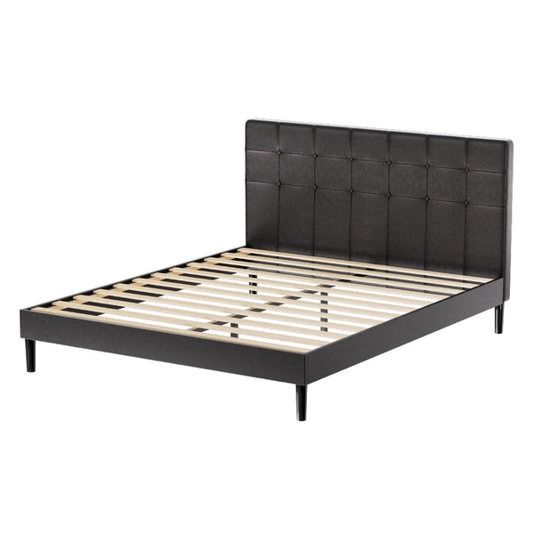Artiss Bed Frame Queen Bed Base w LED Lights Charge Ports Black Leather RAVI Artiss