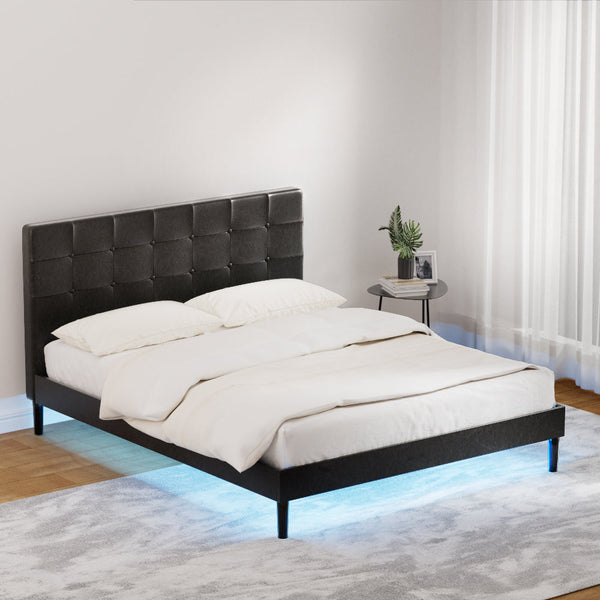 Artiss Bed Frame Queen Bed Base w LED Lights Charge Ports Black Leather RAVI Artiss