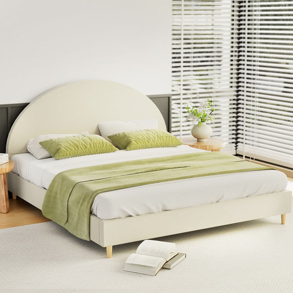 Artiss Bed Frame King Size Bed Base w Arched Headboard Velvet Fabric Cream Artiss