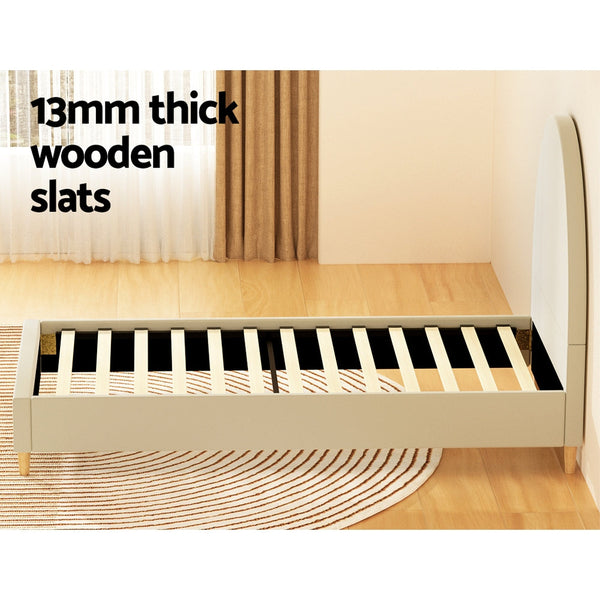 Artiss Bed Frame Single Size Bed Base w Arched Headboard Velvet Fabric Cream Artiss