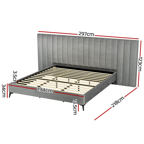 Artiss Bed Frame King Size Bed Base w Oversized Headboard Velvet Fabric Grey Artiss
