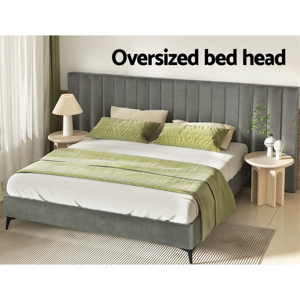 Artiss Bed Frame King Size Bed Base w Oversized Headboard Velvet Fabric Grey Artiss
