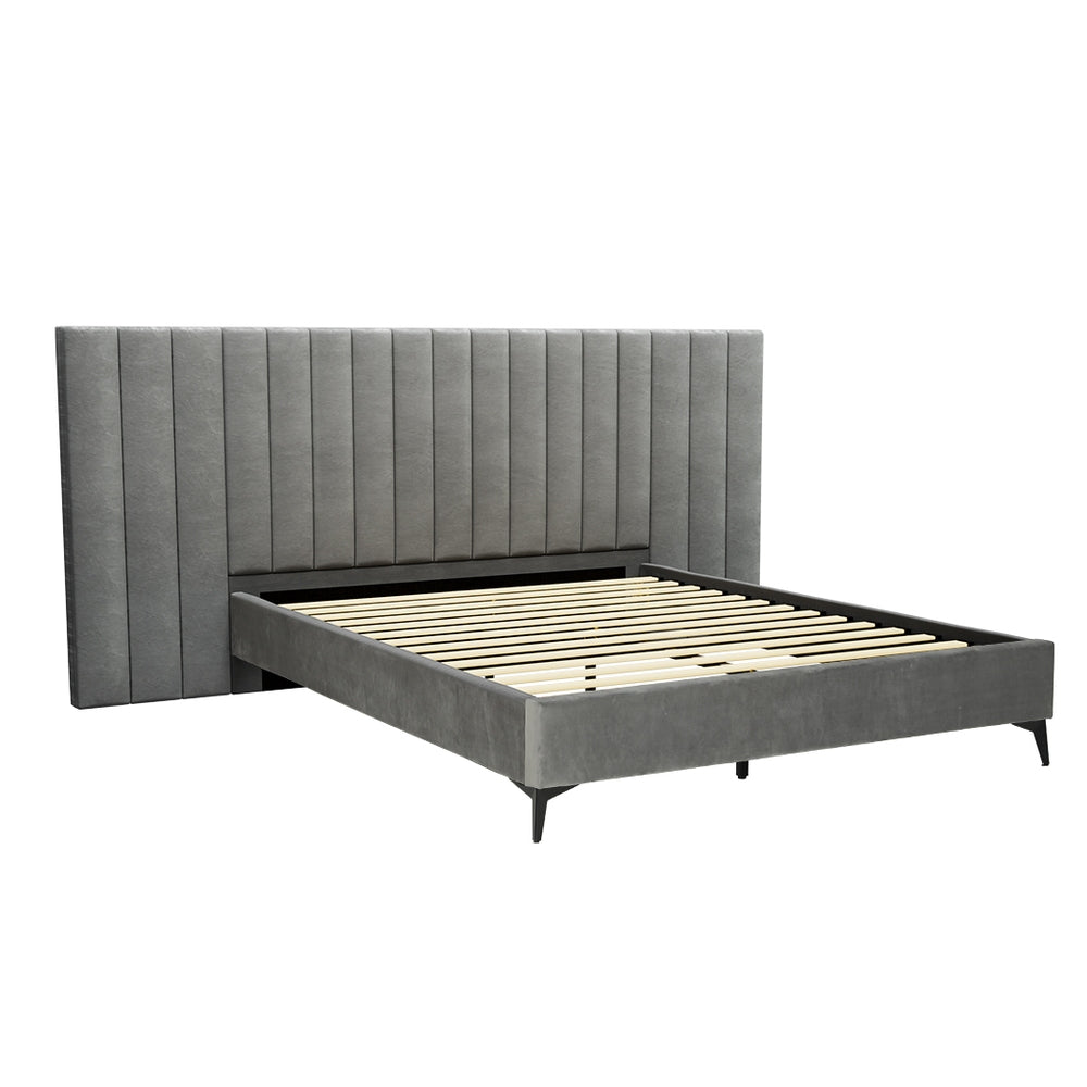 Artiss Bed Frame Queen Size Bed Base w Oversized Headboard Velvet Fabric Grey Artiss