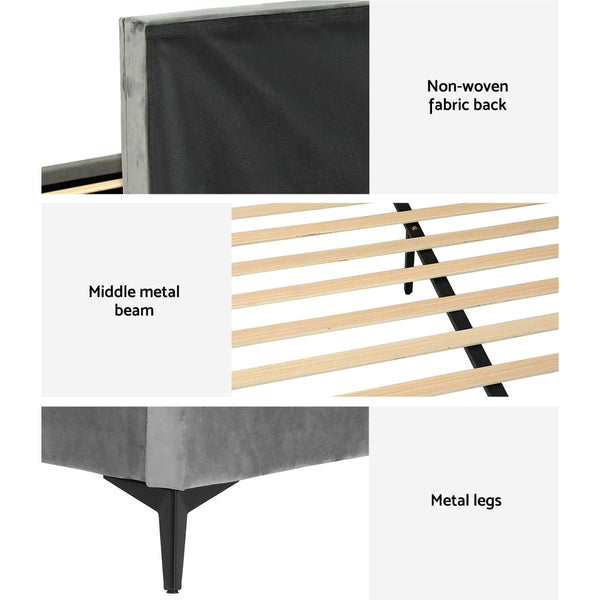 Artiss Bed Frame Queen Size Bed Base w Oversized Headboard Velvet Fabric Grey Artiss