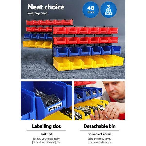 Giantz Bin Wall 48 Storage Bin Rack Wall Mounted Tools Steel Board Work Garage Giantz