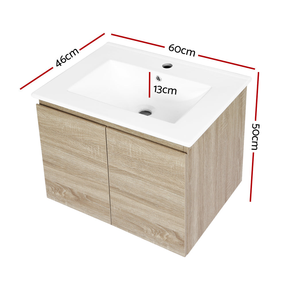 Cefito Vanity Unit Basin Cabinet Storage Bathroom Wall Mounted Ceramic 600mm Oak Cefito