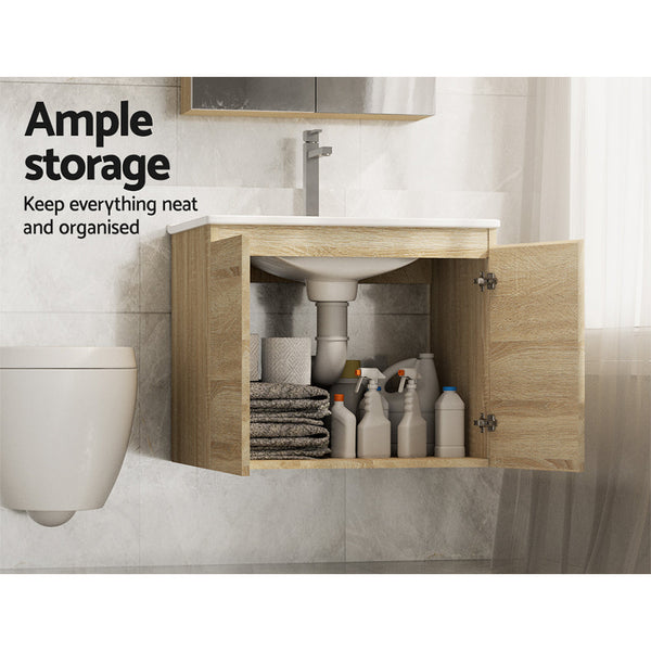Cefito Vanity Unit Basin Cabinet Storage Bathroom Wall Mounted Ceramic 600mm Oak Cefito
