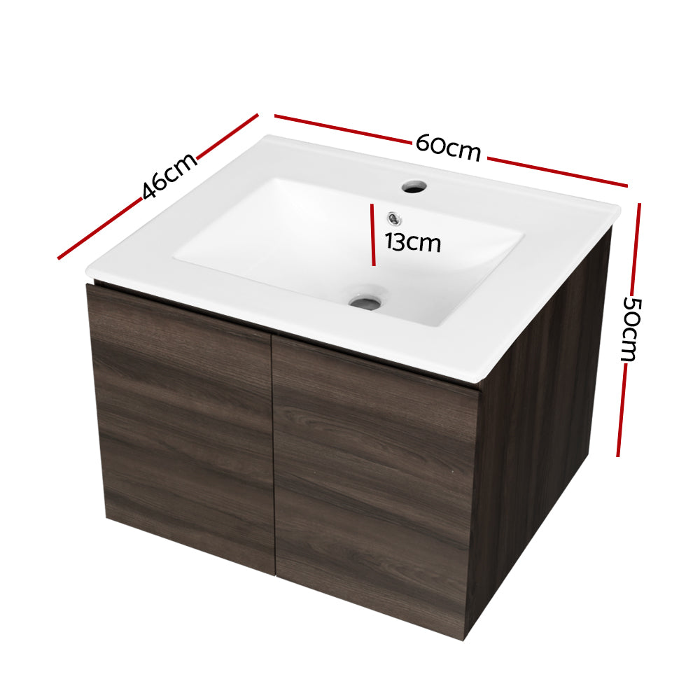 Cefito Bathroom Vanity Unit Ceramic Basin Cabinet Wall Mounted Storage 600mm Walnut Cefito