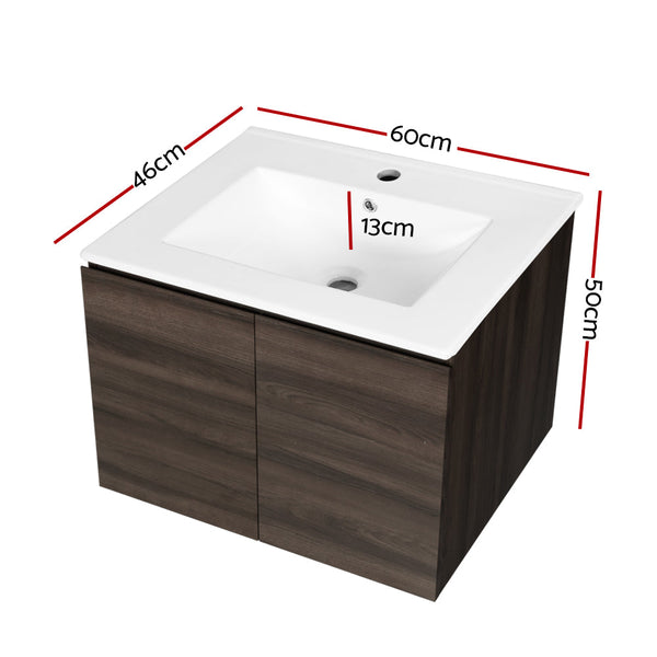 Cefito Bathroom Vanity Unit Ceramic Basin Cabinet Wall Mounted Storage 600mm Walnut Cefito