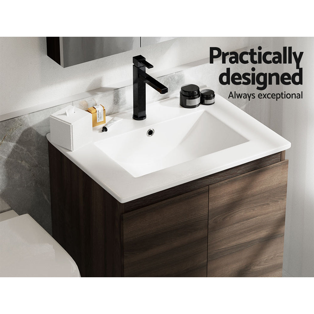 Cefito Bathroom Vanity Unit Ceramic Basin Cabinet Wall Mounted Storage 600mm Walnut Cefito