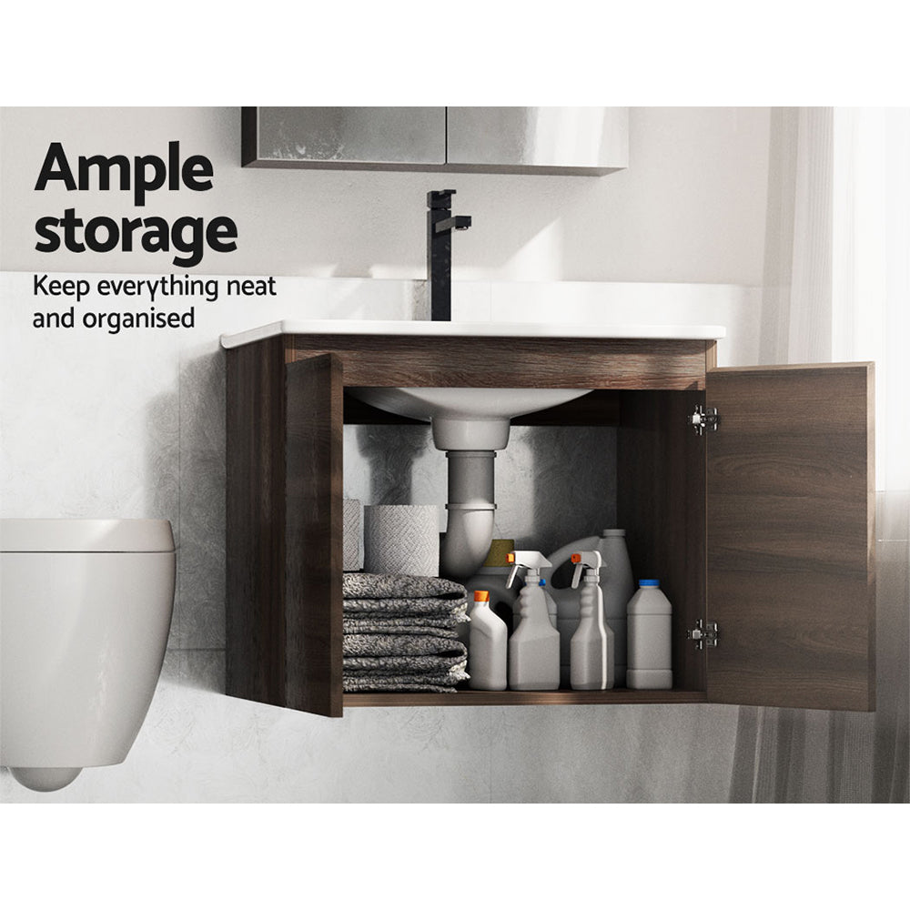 Cefito Bathroom Vanity Unit Ceramic Basin Cabinet Wall Mounted Storage 600mm Walnut Cefito