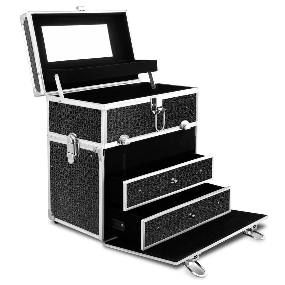 Embellir Portable Cosmetic Beauty Makeup Carry Case with Mirror - Crocodile Black freeshipping - Awezingly