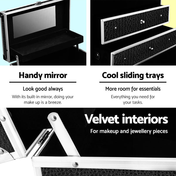 Embellir Portable Cosmetic Beauty Makeup Carry Case with Mirror - Crocodile Black freeshipping - Awezingly