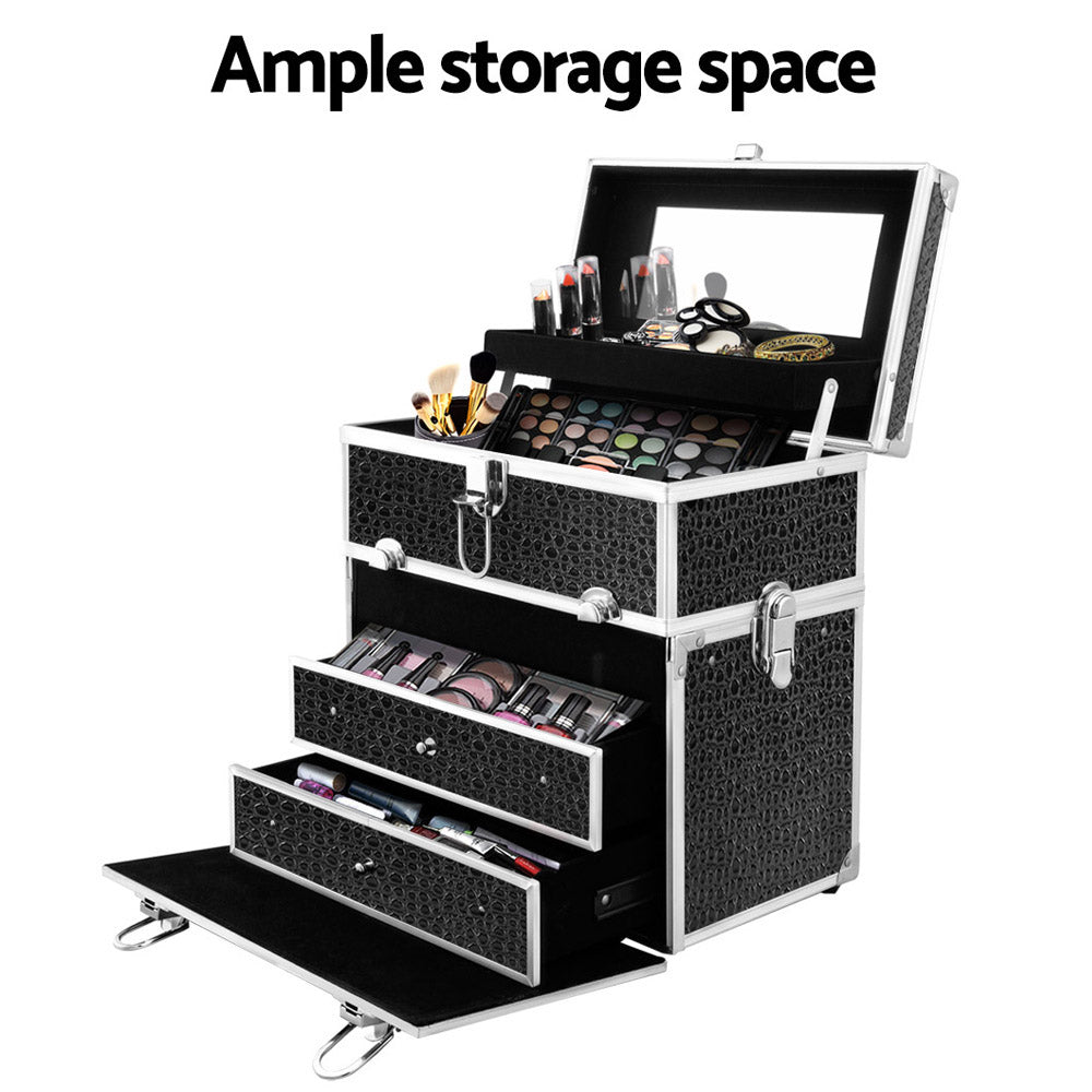 Embellir Portable Cosmetic Beauty Makeup Carry Case with Mirror - Crocodile Black freeshipping - Awezingly