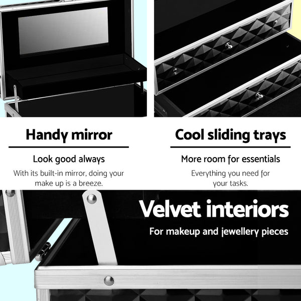 Embellir Portable Cosmetic Beauty Makeup Carry Case with Mirror - Diamond Black freeshipping - Awezingly