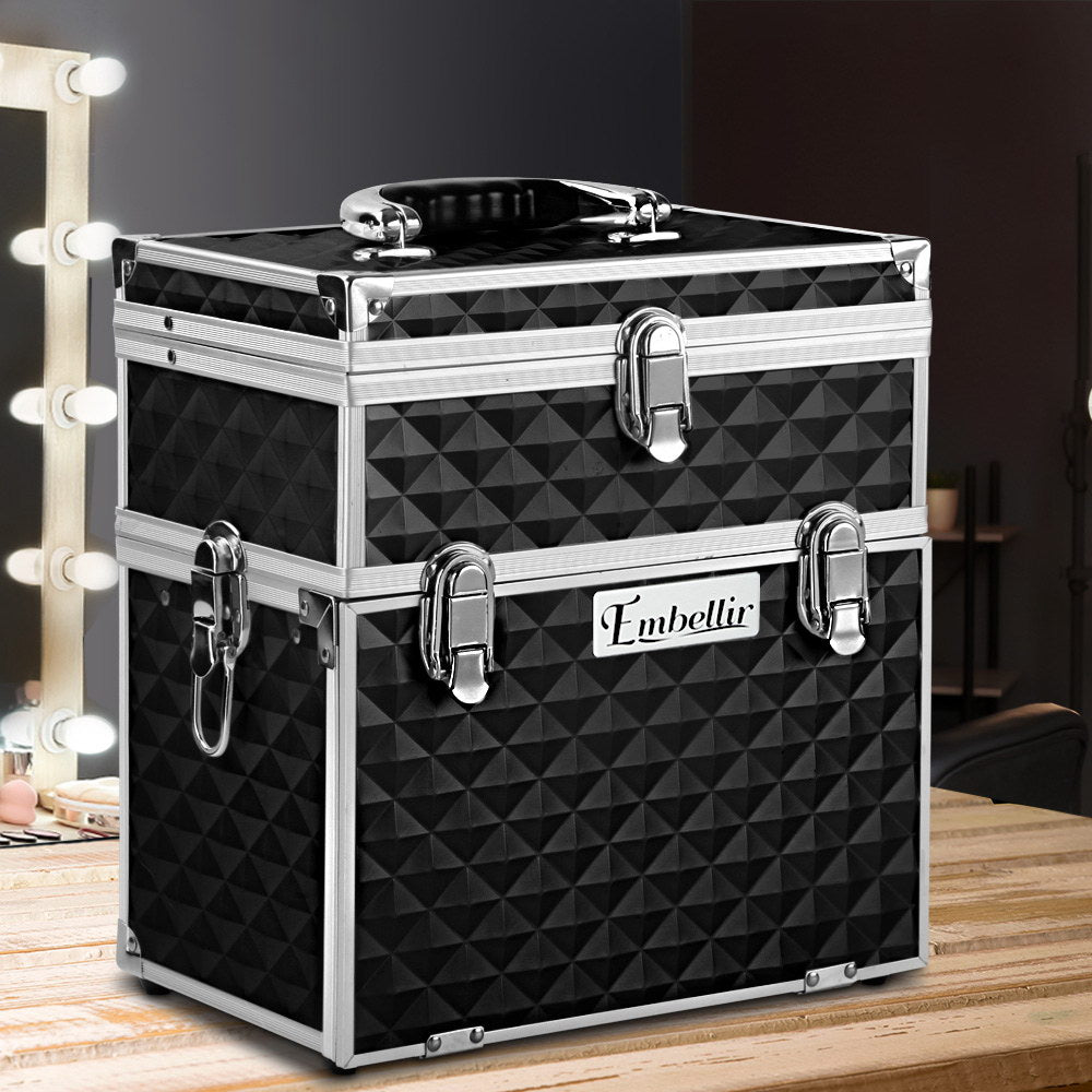 Embellir Portable Cosmetic Beauty Makeup Carry Case with Mirror - Diamond Black freeshipping - Awezingly
