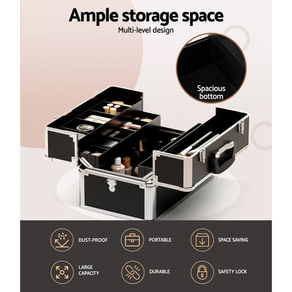 Embellir Portable Cosmetic Beauty Makeup Case with Mirror - Black Embellir