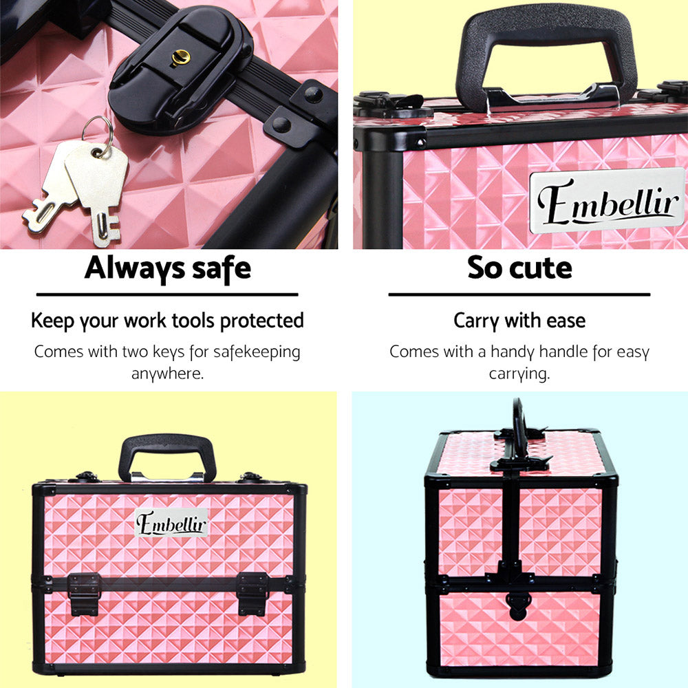 Embellir Portable Cosmetic Beauty Makeup Case with Mirror - Diamond Pink freeshipping - Awezingly