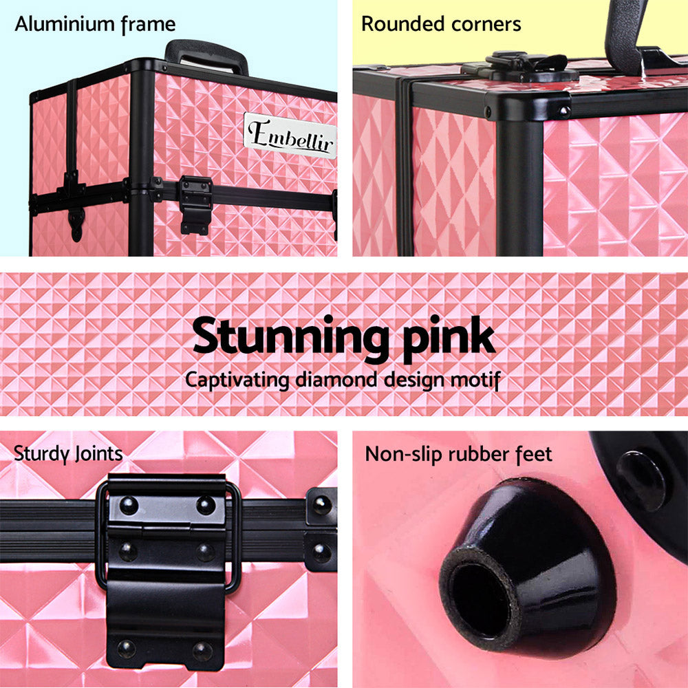 Embellir Portable Cosmetic Beauty Makeup Case with Mirror - Diamond Pink freeshipping - Awezingly