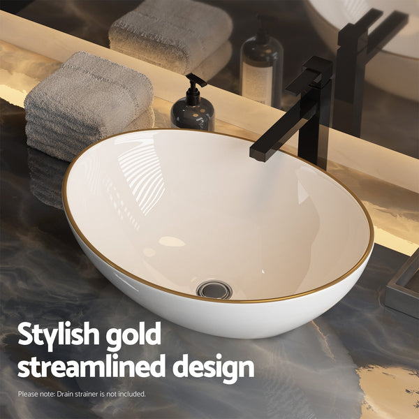 Cefito Bathroom Basin Ceramic Vanity Sink Hand Wash Bowl Gold Line 41x34cm Does not apply