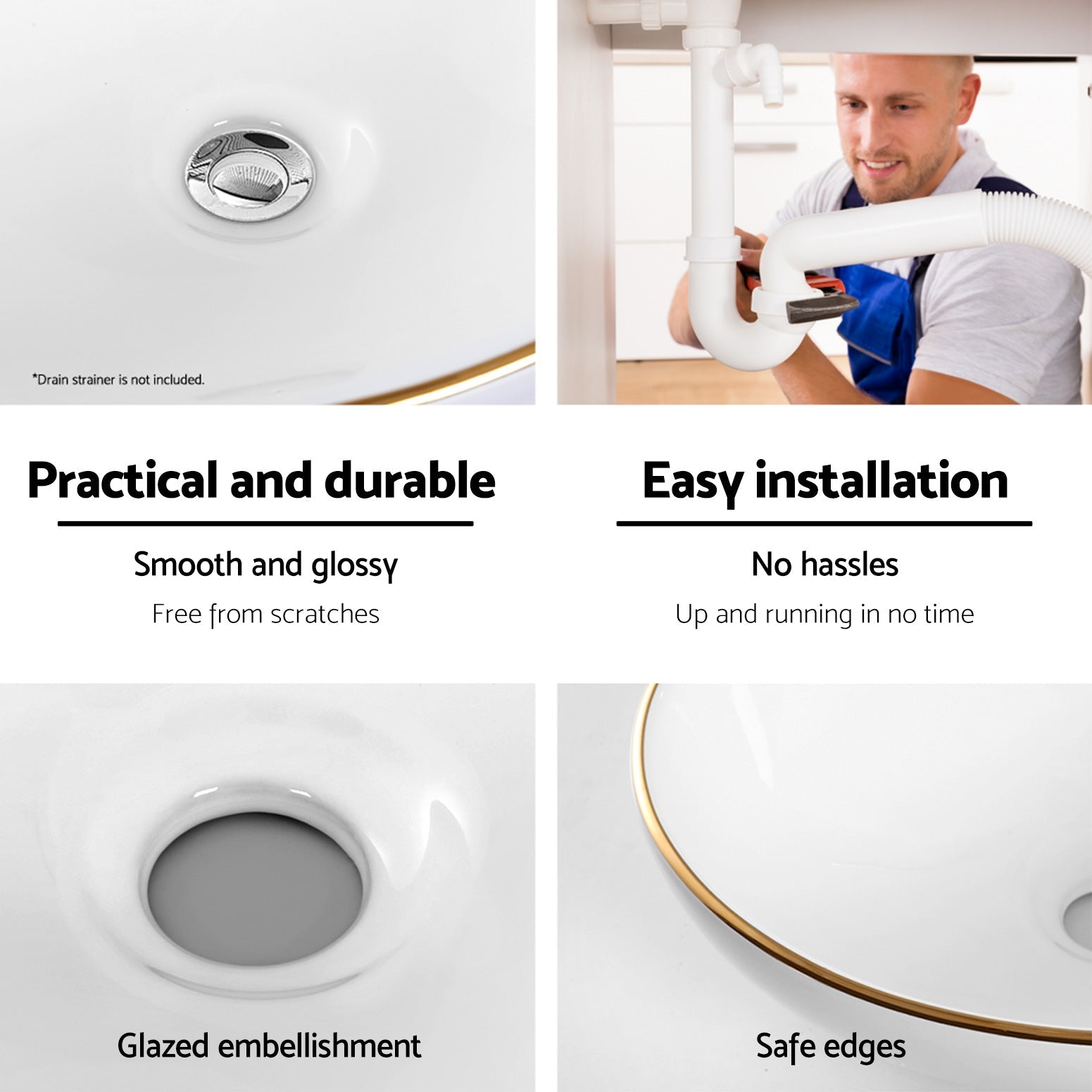 Cefito Bathroom Basin Ceramic Vanity Sink Hand Wash Bowl Gold Line 41x34cm Does not apply