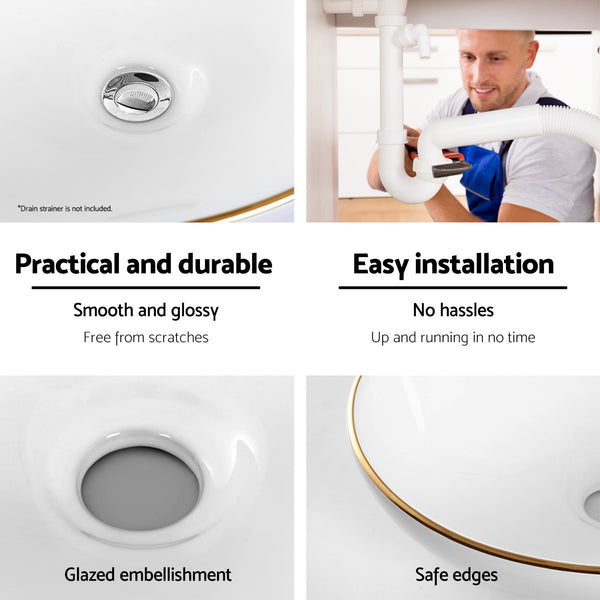 Cefito Bathroom Basin Ceramic Vanity Sink Hand Wash Bowl Gold Line 41x34cm Does not apply