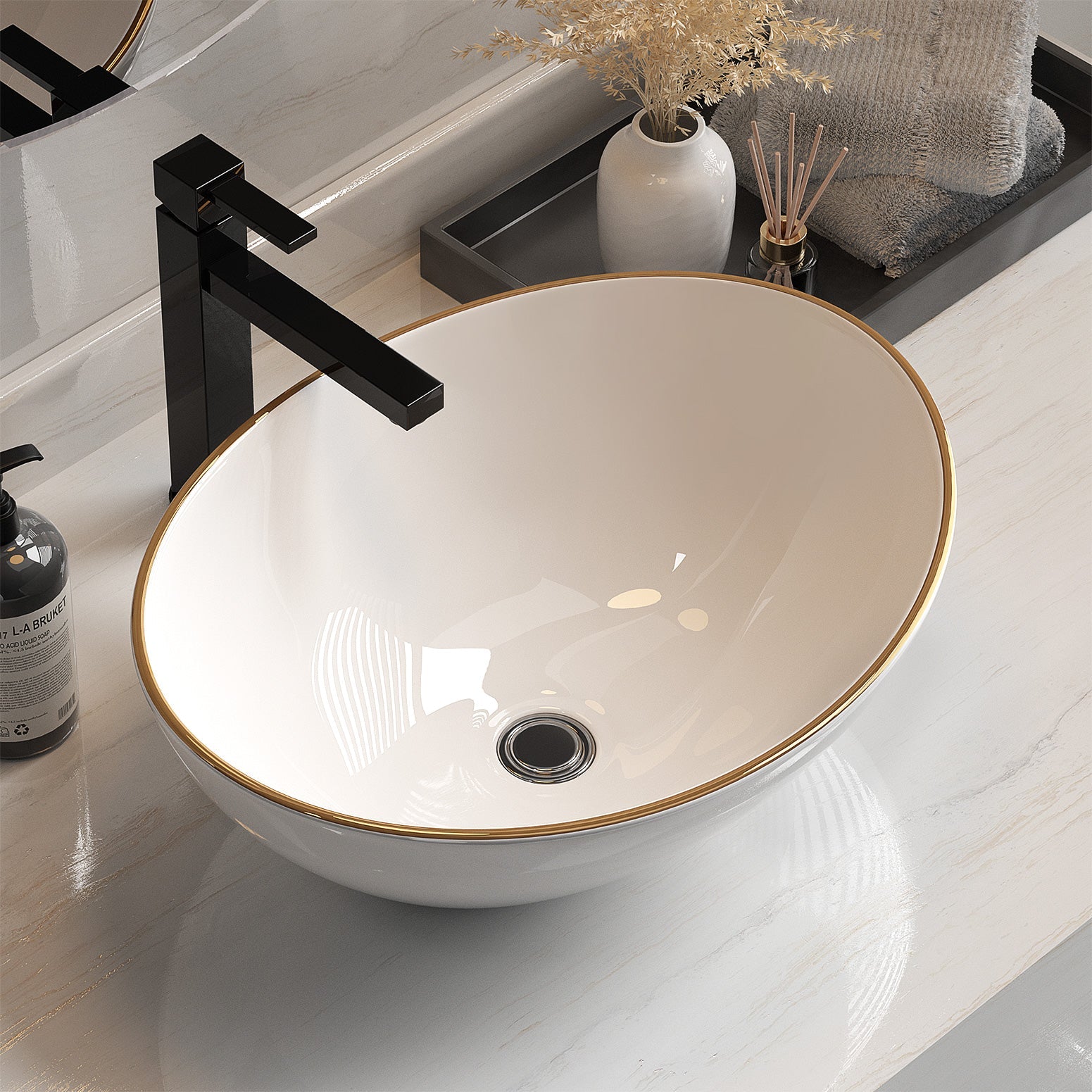 Cefito Bathroom Basin Ceramic Vanity Sink Hand Wash Bowl Gold Line 41x34cm Does not apply