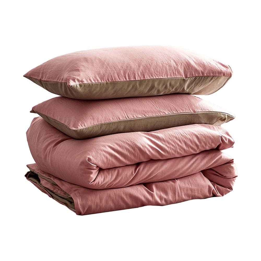 Cosy Club Washed Cotton Quilt Set Pink Brown Single Cosy