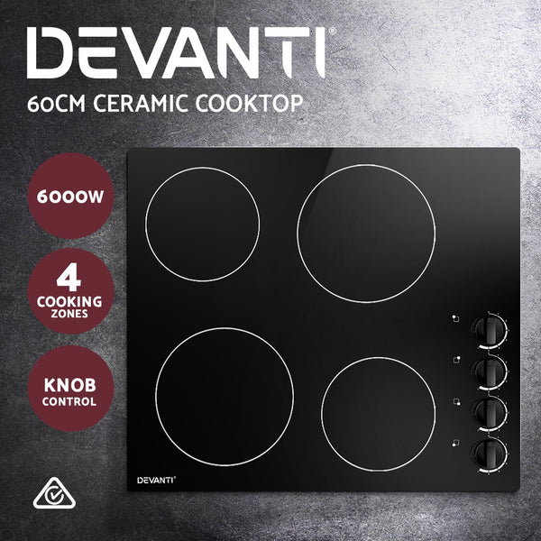 Devanti Ceramic Cooktop 60cm Electric Kitchen Burner Cooker 4 Zone Knobs Control freeshipping - Awezingly