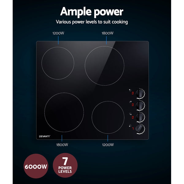 Devanti Ceramic Cooktop 60cm Electric Kitchen Burner Cooker 4 Zone Knobs Control freeshipping - Awezingly