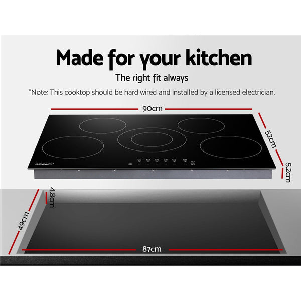 Devanti 90cm Ceramic Cooktop Electric Cook Top 5 Burner Stove Hob Touch Control 6-Zones Devanti
