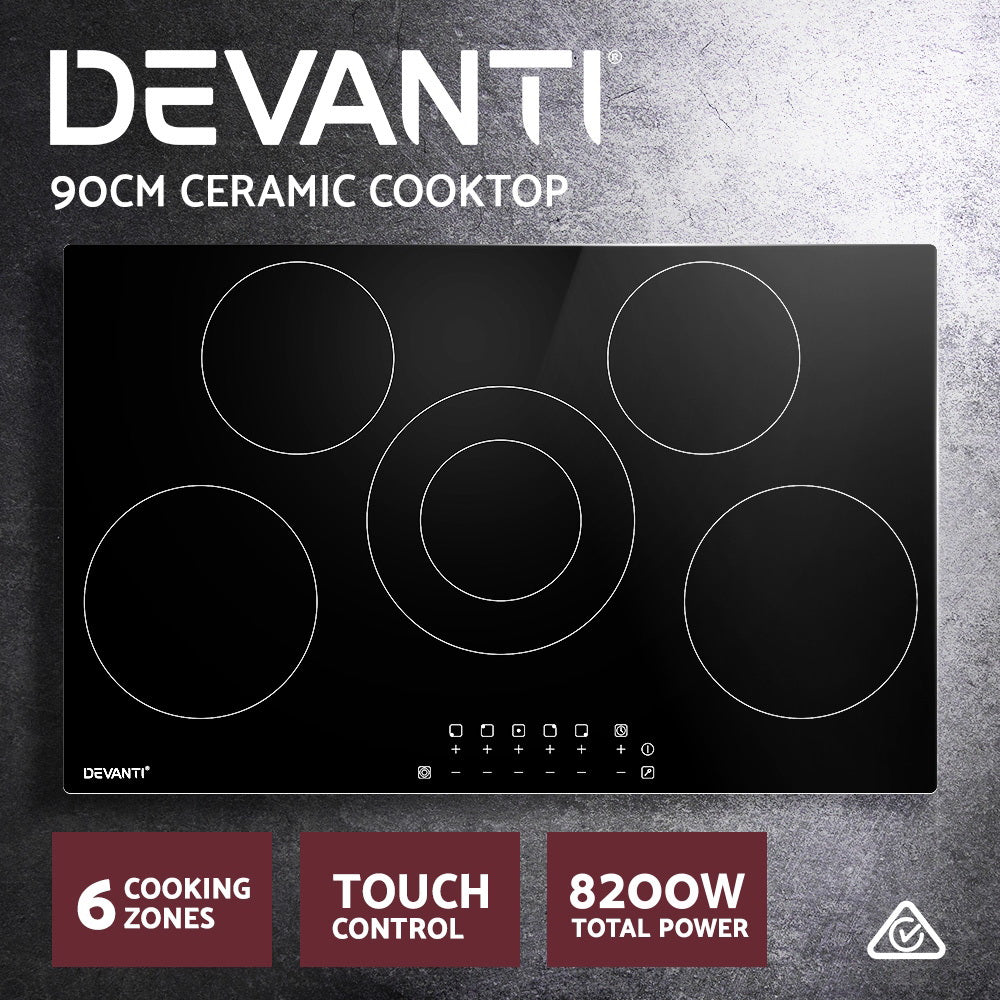 Devanti 90cm Ceramic Cooktop Electric Cook Top 5 Burner Stove Hob Touch Control 6-Zones Devanti