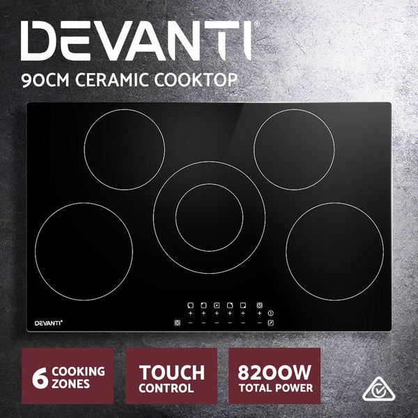 Devanti 90cm Ceramic Cooktop Electric Cook Top 5 Burner Stove Hob Touch Control 6-Zones Devanti