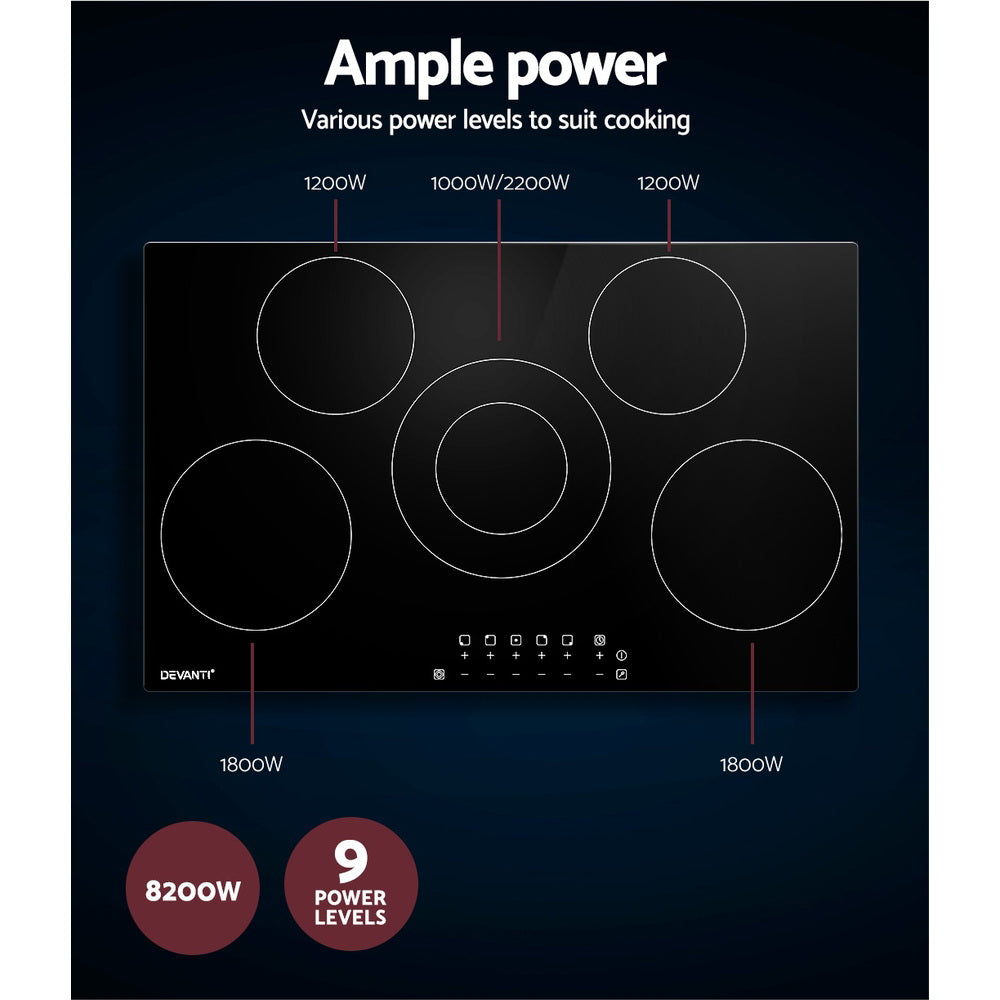 Devanti 90cm Ceramic Cooktop Electric Cook Top 5 Burner Stove Hob Touch Control 6-Zones Devanti