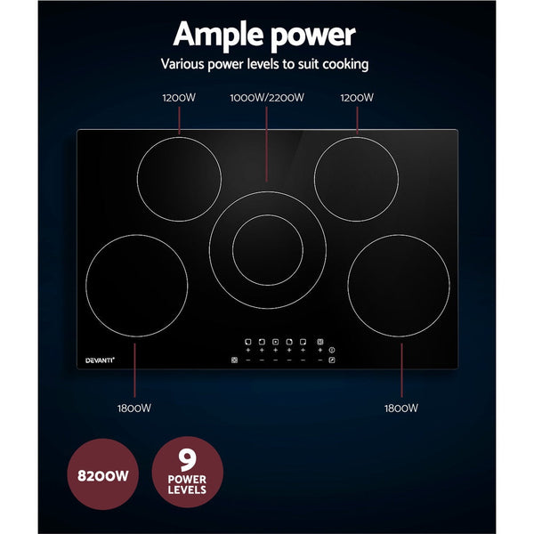 Devanti 90cm Ceramic Cooktop Electric Cook Top 5 Burner Stove Hob Touch Control 6-Zones Devanti