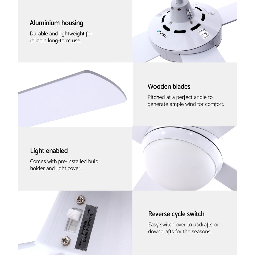 Devanti 52'' Ceiling Fan w/Light w/Remote Timer - White freeshipping - Awezingly