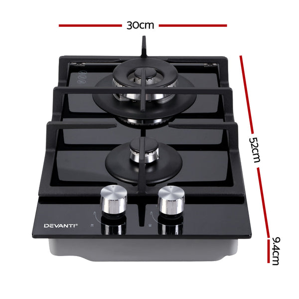 Devanti Gas Cooktop 30cm Gas Stove Cooker 2 Burner Cook Top Konbs NG LPG Black Devanti
