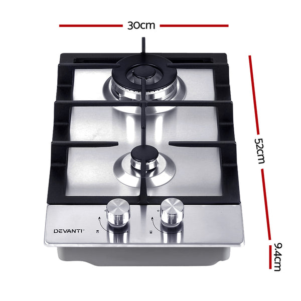 Devanti Gas Cooktop 30cm Gas Stove Cooker 2 Burner Cook Top Konbs NG LPG Steel Devanti